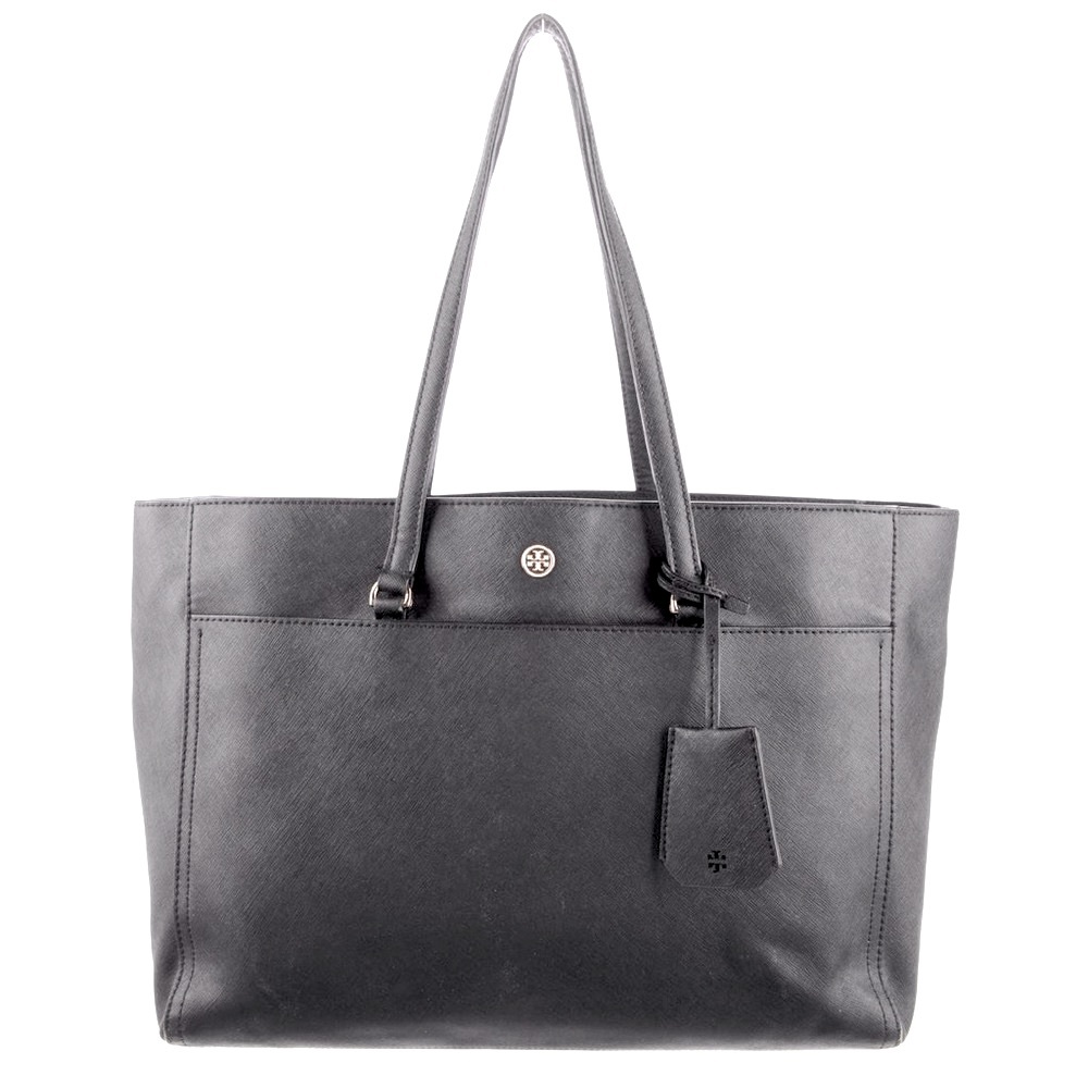 Tory Burch Logo Robinson Black Leather Tote Bag with Gold Hardware Detail